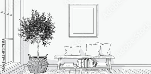 Cozy living room interior sketch with a potted plant, bench with books, and framed artwork on a white wall