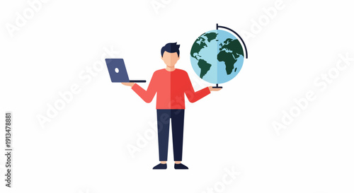 Cartoon Man Working Global Business, Holding Laptop and Globe, Illustrating Worldwide Communication in a Clean Setting
