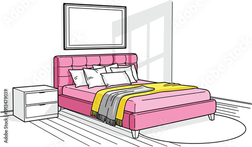 Illustration of a pink bed with white pillows and yellow bedding in a minimalist bedroom with a nightstand