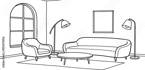 A modern living room scene with sofa, chair, table, lamps, and window illustration from a straightforward viewpoint