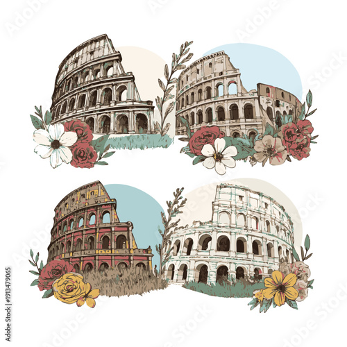 Four illustrations of the Colosseum in Rome with flowers and foliage italy ancient