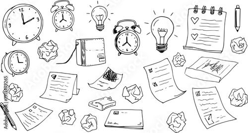 Hand-drawn collection of work and study essentials, including clocks, lightbulbs, papers, writing tools, and wallet, for planning and brainstorming.