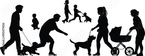 Black silhouette illustration of families walking dogs and children playing with stroller in urban park outdoor lifestyle concept scene modern city background setting