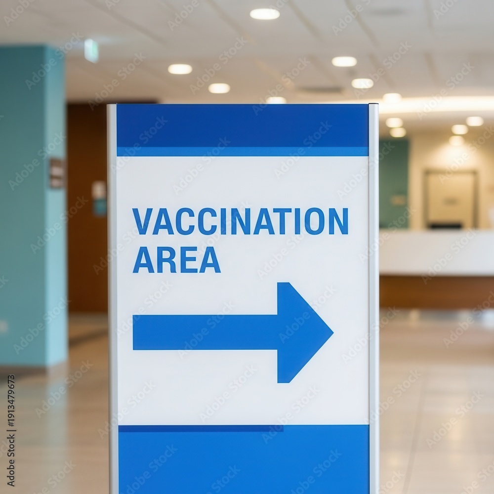 Fototapeta premium Clear Sign Directing Individuals to the Designated Vaccination Zone Within a Medical Center
