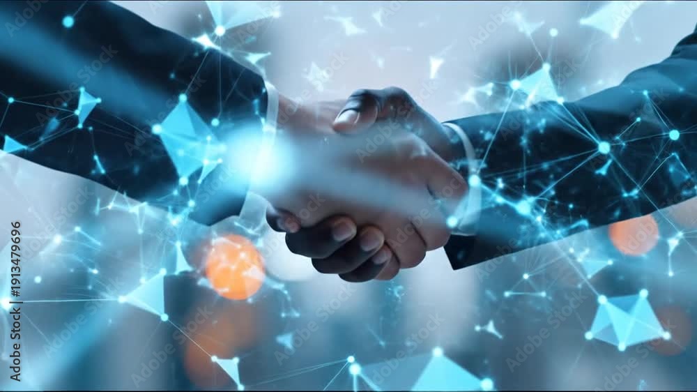 Two people in suits shake hands with digital overlay of network ...