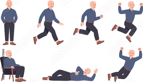 Cartoon Bald Man Character Set Showing Walking Running Jumping Sitting and Lying Poses, Flat Vector Illustration Isolated on White Background for Animation Design