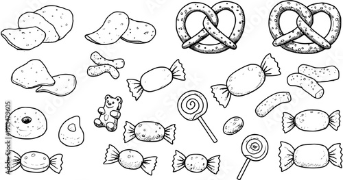 Hand-drawn Collection of Popular Snacks and Candies: Chips, Pretzels, Donuts, Lollipops, Gummy Bear, and Wrapped Sweets in Black and White Line Art