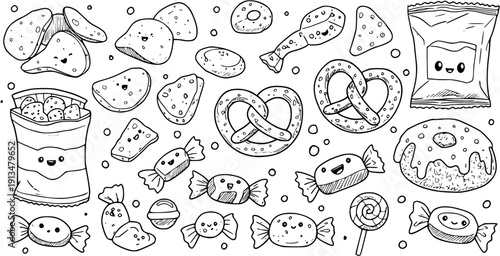 Kawaii Snacks and Sweets Doodle Set. Hand-Drawn Line Art Collection of Cute Chips, Pretzels, Donuts, and Candies for Children's Designs.