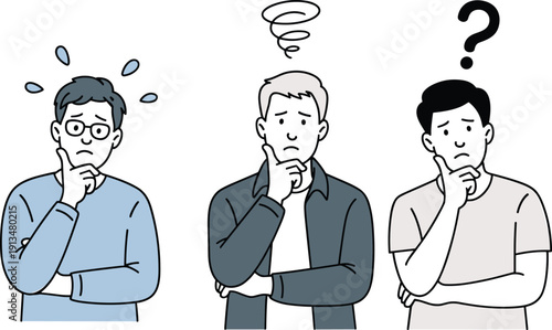 Three Confused Men Thinking with Question Marks and Scribble Icons, Doubtful Expressions, Problem Solving Concept, Blue Line Art Vector Illustration Isolated on White Background