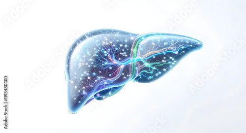 Human Liver Anatomy with Metabolic Molecule Overlay Medical Illustration