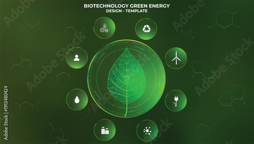 Infographic glassmorphism featuring a plant leaf with data nodes, symbolizing sustainable green energy. Surrounded by eight floating eco-friendly icons. for UIs, environmental apps, green energy