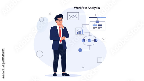 Business man analyzing workflow chart, strategic planning and problem solving concept