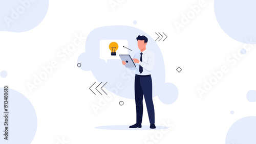 Businessman with tablet, lightbulb idea icon, brainstorming, innovation concept