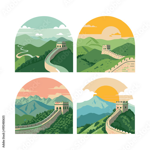 Four stylized illustrations of the Great Wall of China in mountainous landscapes vector