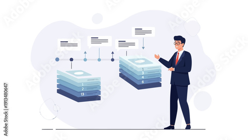 Businessman presenting data analysis and financial growth charts on a whiteboard