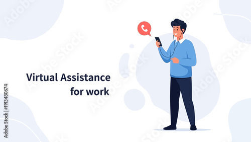 Young Man With Headphones Talking On Smartphone With Virtual Assistance Icon