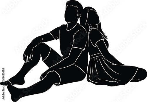Romantic black silhouette of a young man and woman sitting back to back on the floor expressing love and companionship on a white background