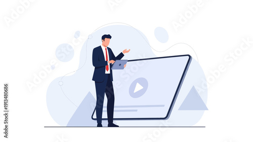 Businessman Presenting Digital Content on Large Screen with Laptop