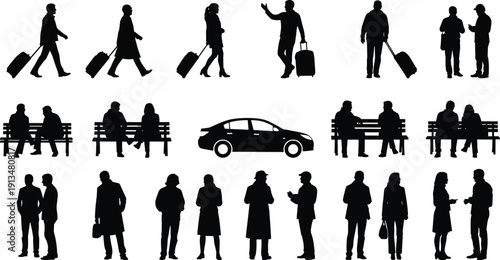 Silhouette Set of People Traveling with Luggage, Walking, Sitting on Benches, and Talking near a Sedan Car for Urban Transportation and Commuter Lifestyle Concept