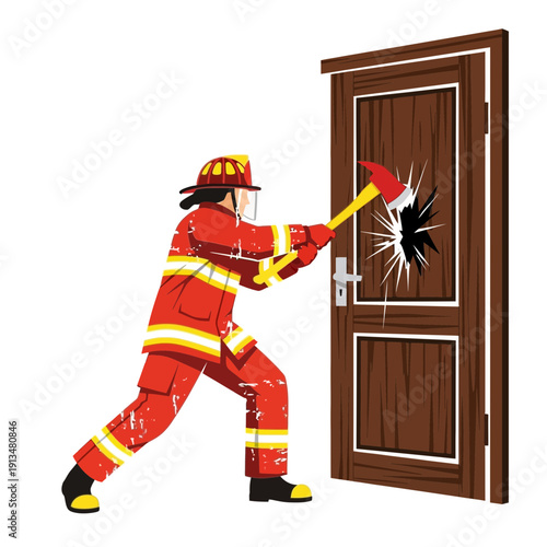 Firefighter breaking down door with axe, rescue concept