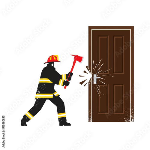 Firefighter breaking down door with axe, emergency rescue
