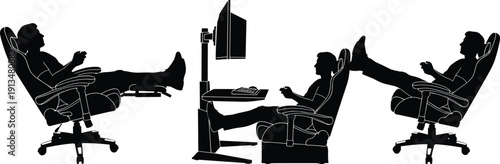 Silhouettes of men sitting in ergonomic gaming chairs and reclining office chairs with footrests using computer workstation for esports gaming and remote work productivity