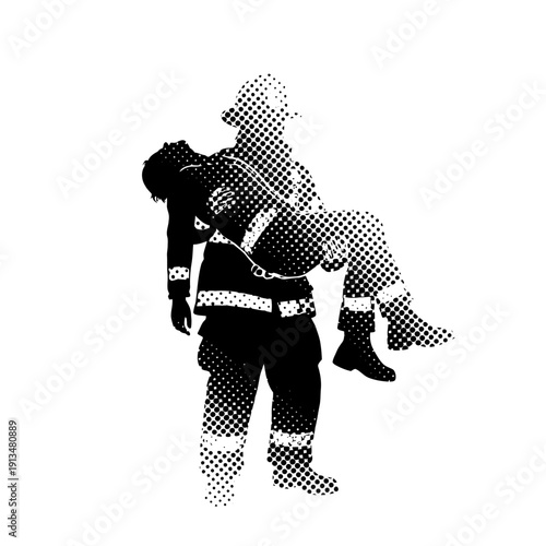 Firefighter carrying unconscious person, halftone silhouette