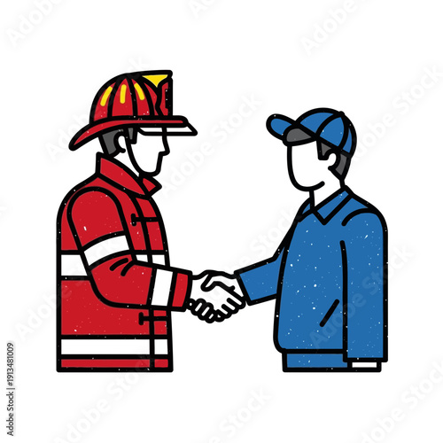 Firefighter shaking hands with technician, cooperation concept