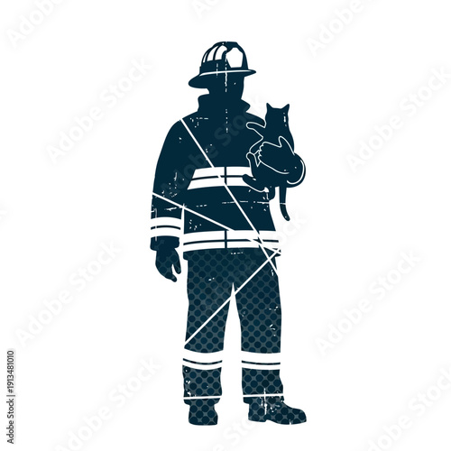 Firefighter silhouette holding rescued cat, graphic illustration