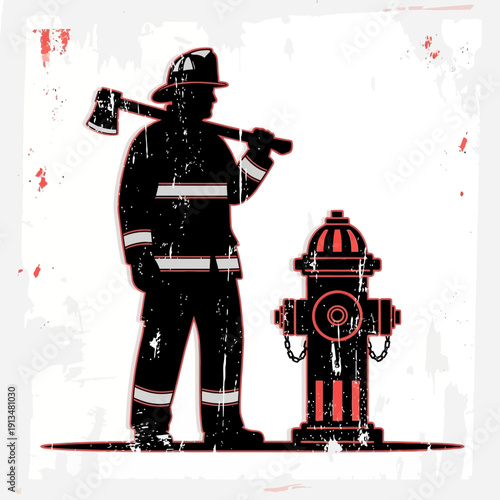 Firefighter silhouette with axe and hydrant, distressed background