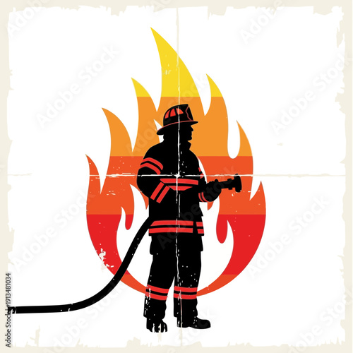 Firefighter Silhouette with Hose and Flames