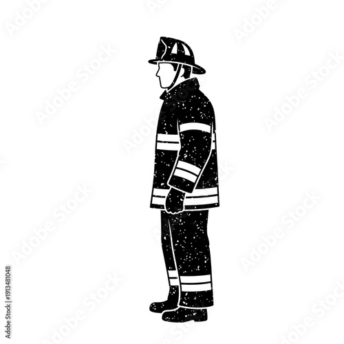 Firefighter silhouette, professional rescuer in uniform, safety gear, side view.