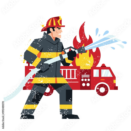 Firefighter spraying water on fire, fire truck in background