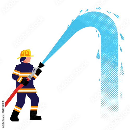 Firefighter spraying water with hose, vector illustration