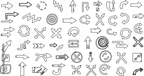 The image presents a diverse collection of arrow designs in black and white, showcasing a range of styles and orientations The use of black and white creates a classic and timeless aesthetic. This mon