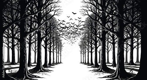 Spooky Black Silhouette of a Dark Forest Path with Bare Trees and a Swarm of Bats Flying Representing Horror Halloween Mystery and Haunted Nature Concept