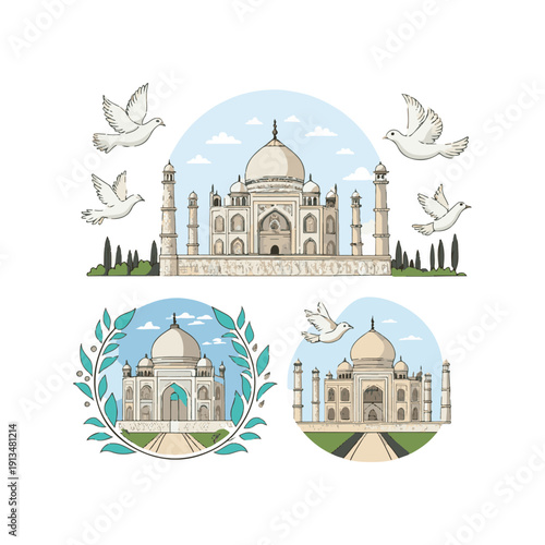 Taj Mahal monument with flying doves and laurel wreath india agra