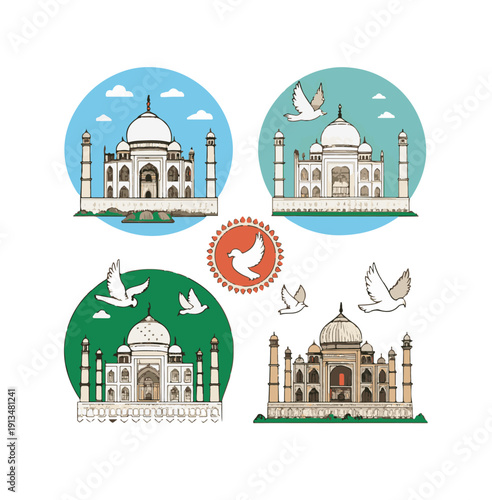 Four Taj Mahal illustrations with flying doves and circular backgrounds india agra.