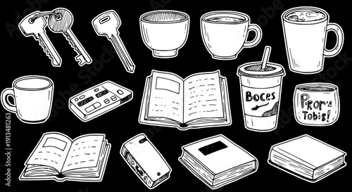 Hand-Drawn Illustration of Everyday Objects: Keys, Mugs, Books, and Electronics