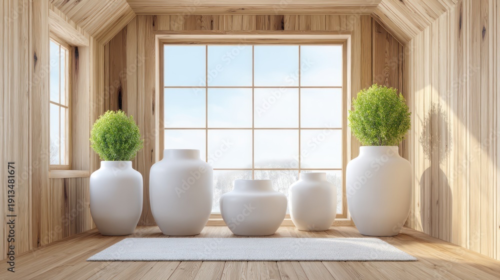 Fototapeta premium Interior view featuring a bright window, wooden walls, decorative vases, and plants