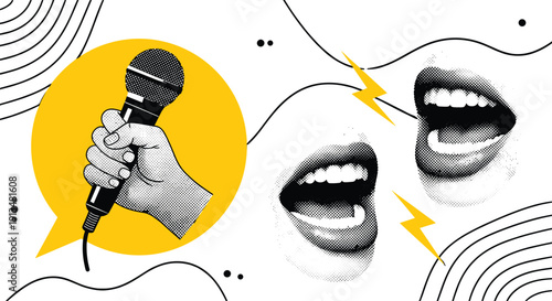 Podcast and singing concept featuring hand holding microphone in speech bubble, open mouths shouting with lightning bolts and retro halftone, cad drawing flat vector illustration