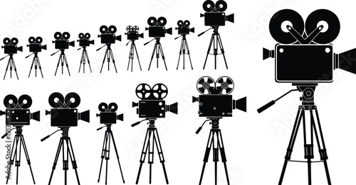 Vintage movie camera silhouette set featuring retro cinema film projectors on tripods for motion picture production and old Hollywood filming, cad drawing flat vector illustration