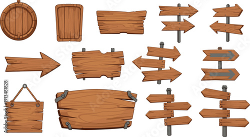 Wooden signboard collection with rustic timber planks, directional arrows on posts, hanging wood panels, and old tavern signage for outdoor messaging, cad drawing flat vector illustration