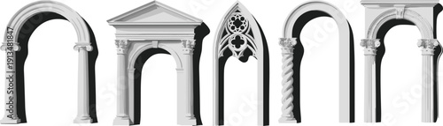 Architectural arches and classic columns set featuring gothic, renaissance, and greek style stone doorways for historic building facade design, cad drawing flat vector illustration