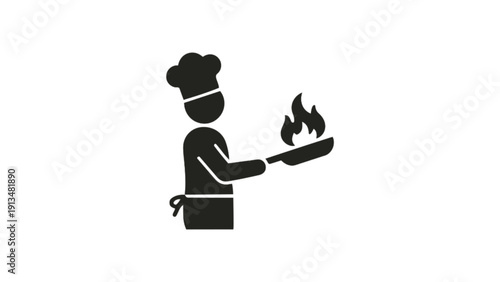 Chef Cooking in Pan with Flame Silhouette