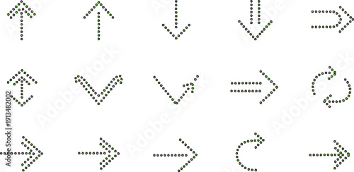 Described is a collection of minimal arrow shapes, each represented in outline form with dotted lines.