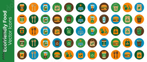 Set of 40 Eco-Friendly Food and Drink Icons in Flat Design. Sustainable Living, Recycling, Organic Food, Healthy Eating, and Green Energy Vector Illustrations for Web and Marketing Applications.