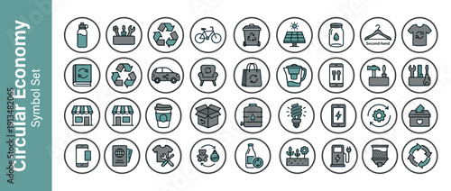 Comprehensive Set of 32 Circular Economy and Sustainability Icons in Clean Flat Design. Symbols for Recycling, Reuse, Repair, Renewable Energy, Zero Waste, Second-hand, and Eco-friendly Living.
