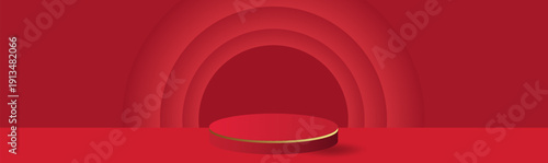 Set of realistic 3d background with cylinder podium. Black, red, white glowing light semi circles layers scene. Abstract minimal scene mockup products display, Stage showcase. Vector geometric forms.
