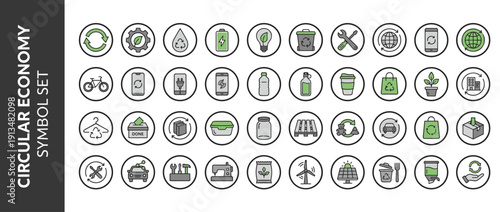 Circular Economy Icon Set Featuring 40 Flat Design Symbols for Sustainability, Recycling, Reuse, and Eco-Friendly Practices with Green Accents for Web, Print, and Environmental Infographics.